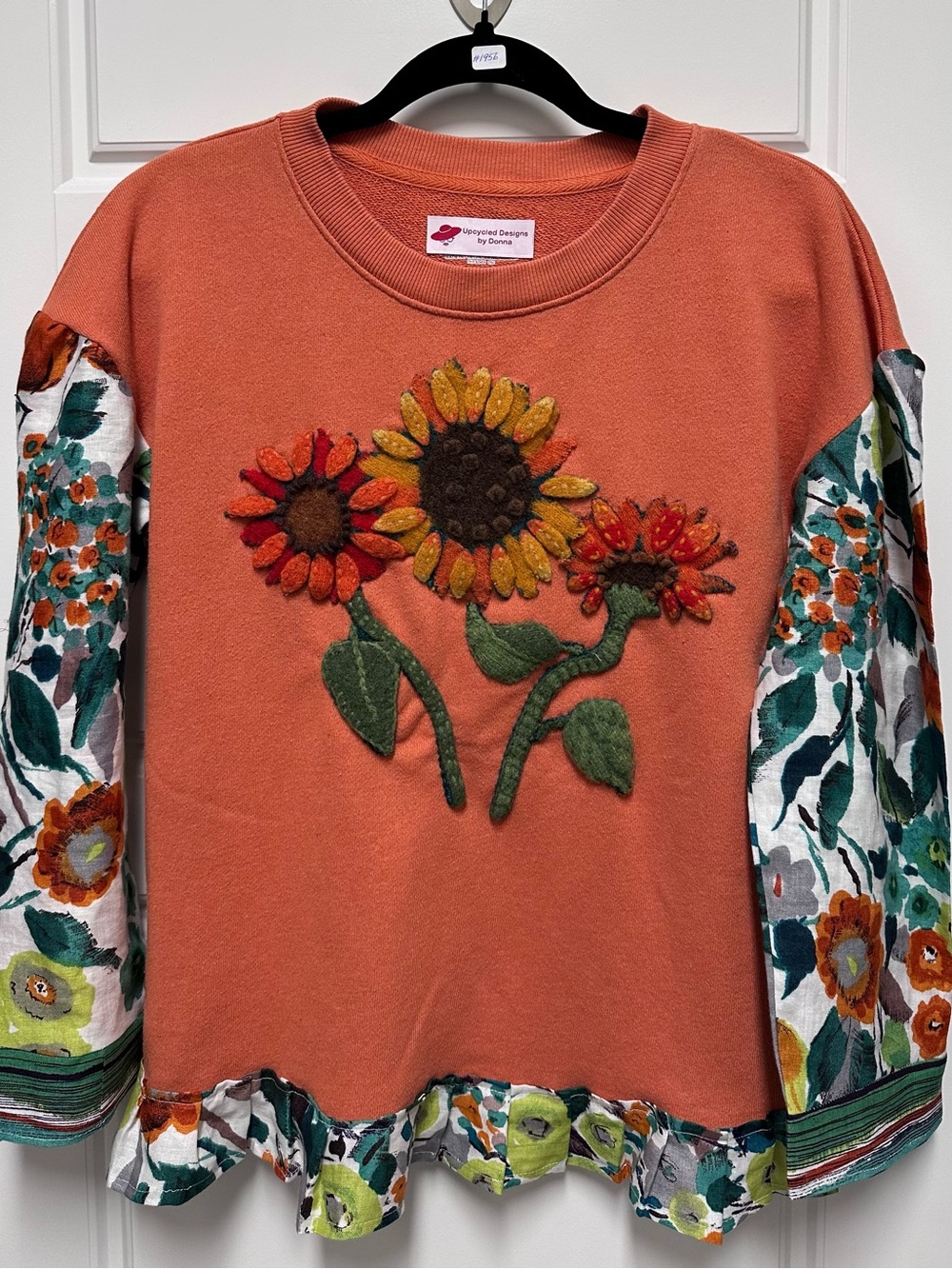 Upcycled Women’s Shirt with Floral Long Sleeves and Front Embellishments